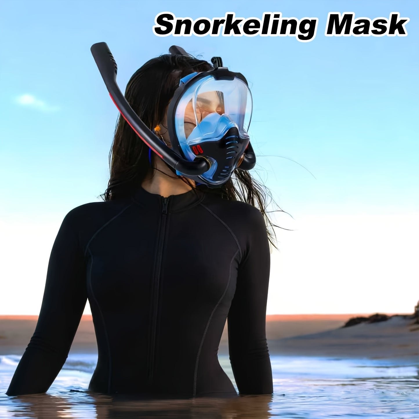 Full Face Snorkeling Mask – 180° Panoramic Dual Tube with Camera Mount – Black