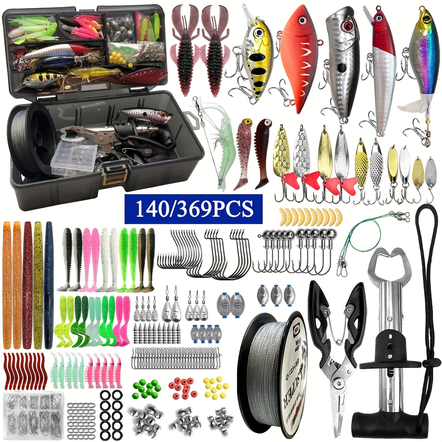 140/369-Piece Fishing Kit with Lures, Hooks, Tools & Storage Box – Saltwater & Freshwater Ready