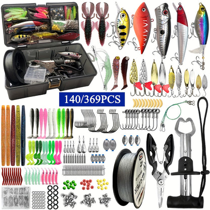 140/369-Piece Fishing Kit with Lures, Hooks, Tools & Storage Box – Saltwater & Freshwater Ready