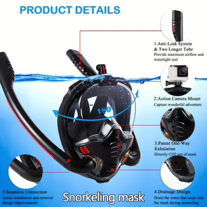 Full Face Snorkeling Mask – 180° Panoramic Dual Tube with Camera Mount – Black