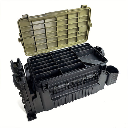 Deluxe Double-Layer Fishing Tackle Box – Waterproof, Sturdy ABS, Secure Lock Closure, Black