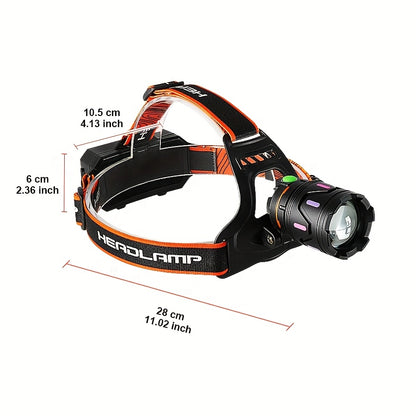 Ultra-Bright LED Headlamp – USB Rechargeable, 3000 Lumens, 800m Beam, Adjustable Zoom for Fishing, Hunting, and Outdoor Adventures