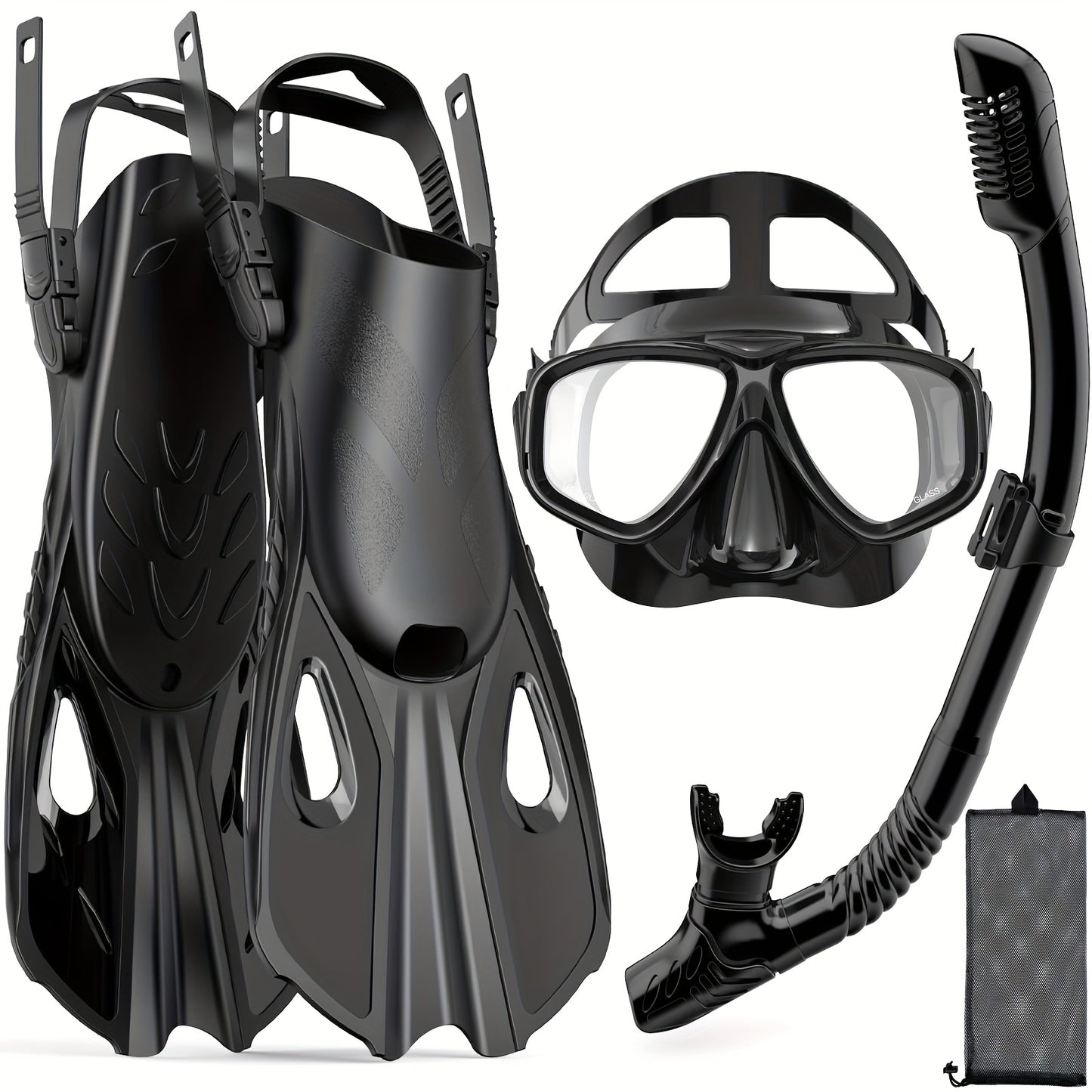 Travel Snorkel Set with Panoramic Mask, Dry Top Snorkel & Adjustable Swim Fins – Black