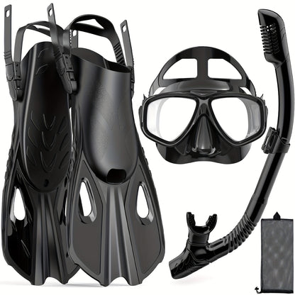 Travel Snorkel Set with Panoramic Mask, Dry Top Snorkel & Adjustable Swim Fins – Black