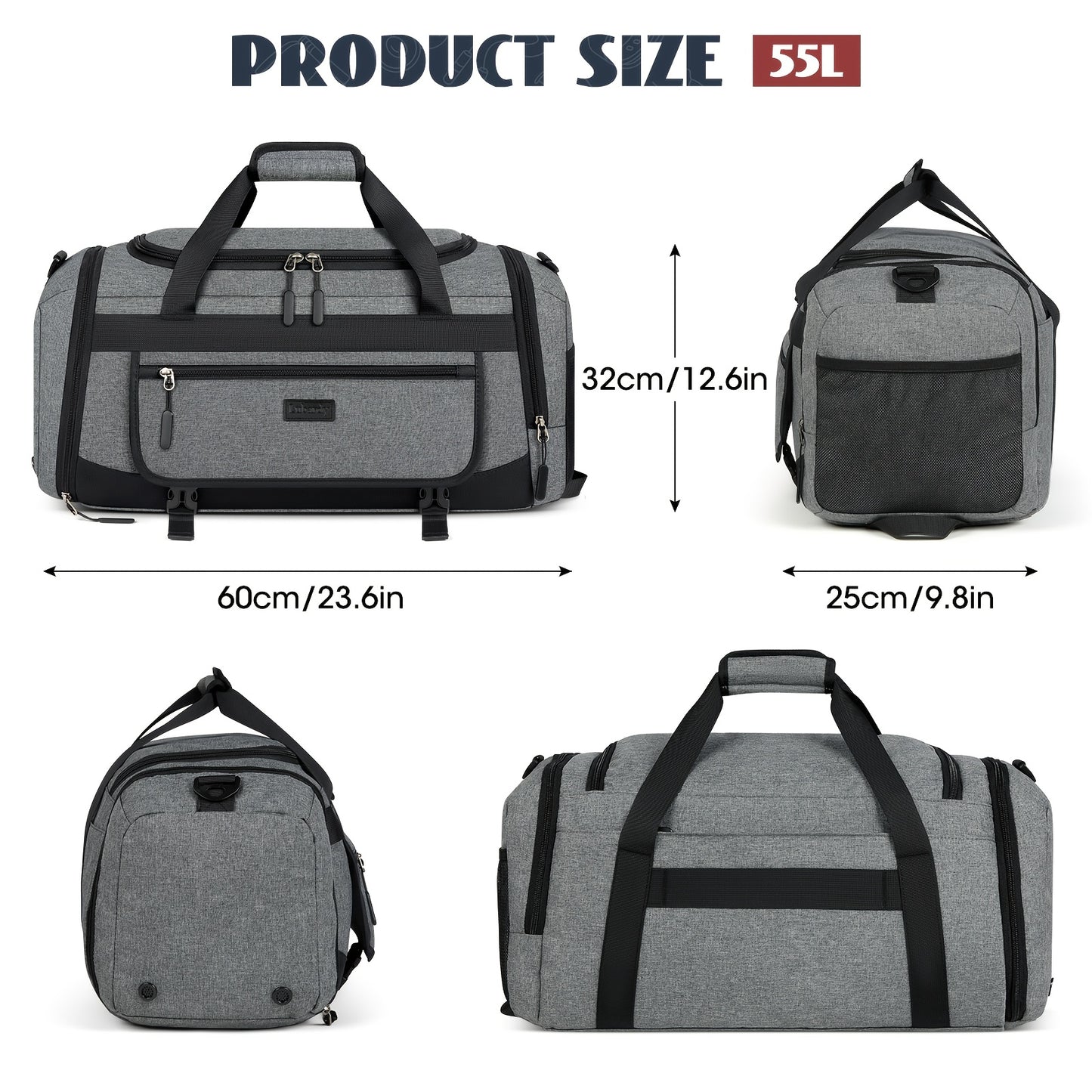Lightweight 55L Sports &amp; Travel Duffel Bag with Shoe Compartment