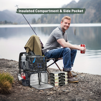 Portable Fishing Tackle Backpack – Large Multi-Compartment Bag with Rod Holder
