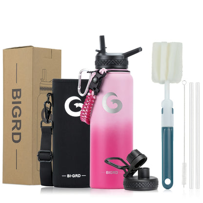 Large Stainless Steel Insulated Water Bottle – Leakproof with Dual Lids &amp; Straws
