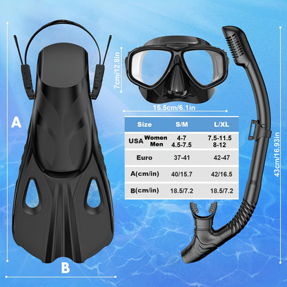 Travel Snorkel Set with Panoramic Mask, Dry Top Snorkel & Adjustable Swim Fins – Black