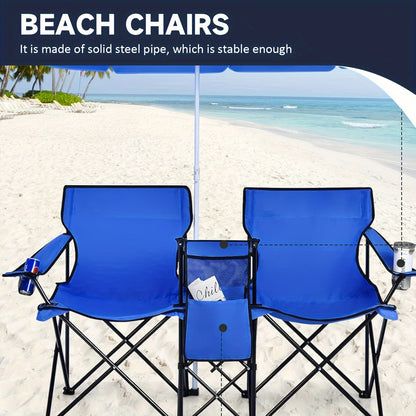 Double Camping Chair with Sunshade – Foldable Outdoor Recliner with Storage