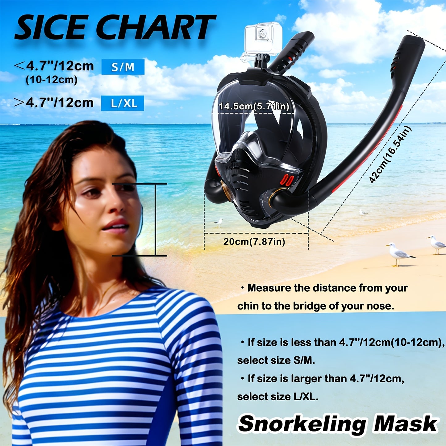Full Face Snorkeling Mask – 180° Panoramic Dual Tube with Camera Mount – Black